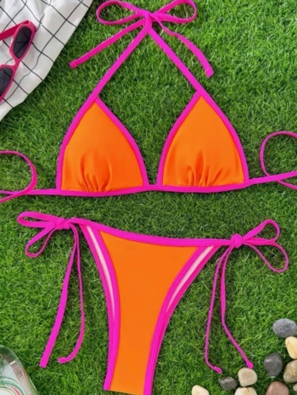 Neon Orange Hot Pink Halter Side Tie Cheeky Bikini Set